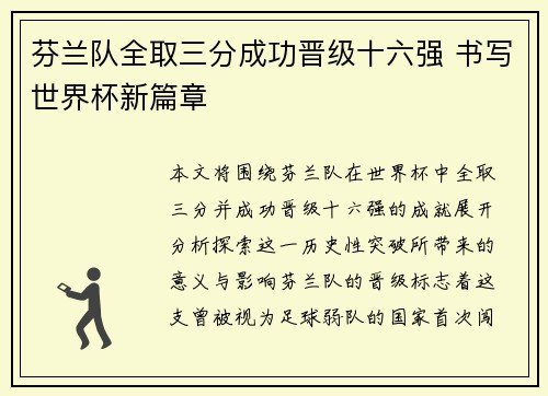 芬兰队全取三分成功晋级十六强 书写世界杯新篇章