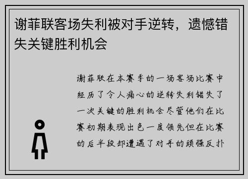 谢菲联客场失利被对手逆转，遗憾错失关键胜利机会