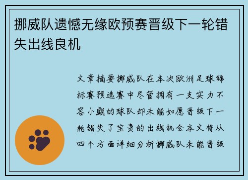 挪威队遗憾无缘欧预赛晋级下一轮错失出线良机