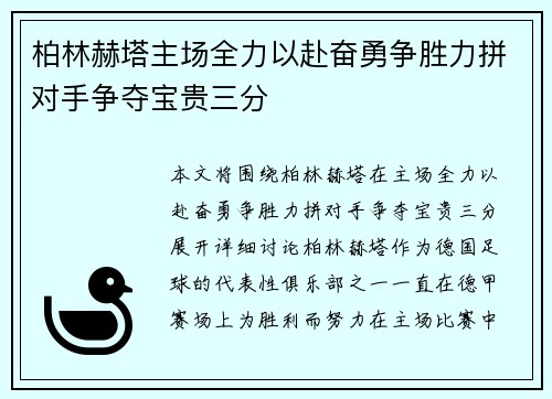 柏林赫塔主场全力以赴奋勇争胜力拼对手争夺宝贵三分