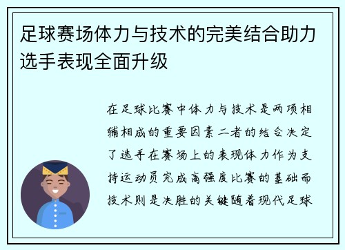 足球赛场体力与技术的完美结合助力选手表现全面升级
